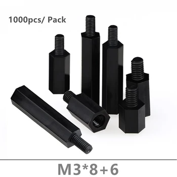 1000pcs Čierny Nylon Dištančné M3*8+6 Hex Nylon prázdnemu dištančné M3x8+6 mm pre PCB dosky Fix theaded piliere