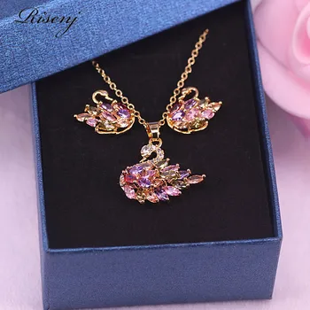 rose zlaté Šperky pre ženy swan námestie s farebnými & white top zirkón stud náušnice, náhrdelník nastaviť pôvodné priamo predaj