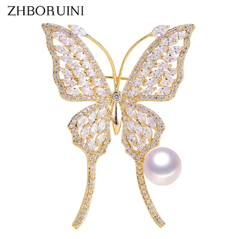 ZHBORUINI 2019 Prírodné Sladkovodné Perly Brošňa Rinestone Zlato Jednoduché Motýľ Brošňa Kolíky Pearl Šperky Pre Ženy Príslušenstvo