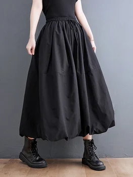 Čierna Vintage Vysoký Pás Skladaná Sukňa Ženy Móda Plus Veľkosť Šnúrkou Voľné Bežné Dlhé Sukne Oblečenie Na Jar Jeseň Roku 2022